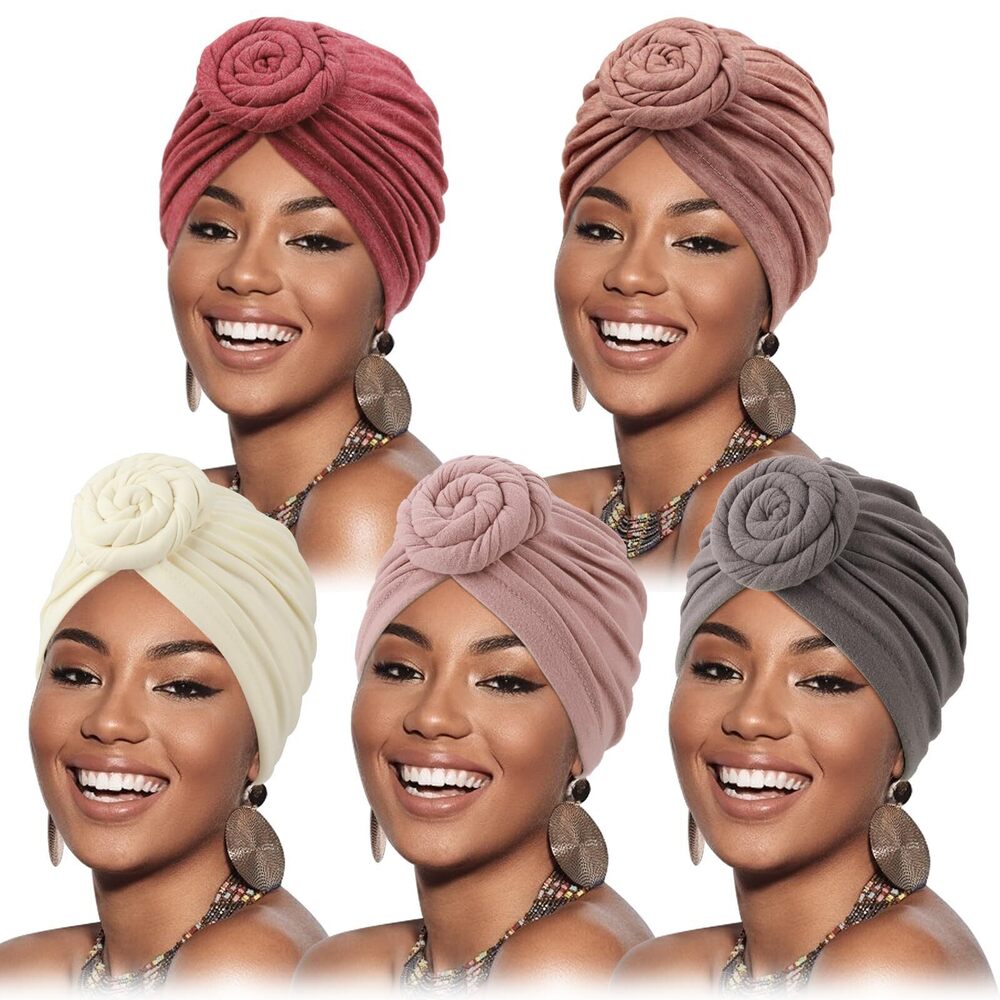 5694 5 Pack Knotted Headwraps African Turban Pre-Knotted Beanie Headwraps